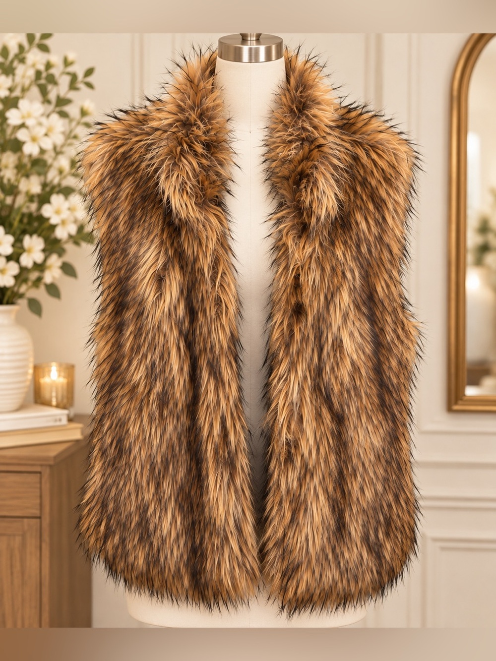 Cavalini Faux Fur Sleeveless Vest in Golden Brown